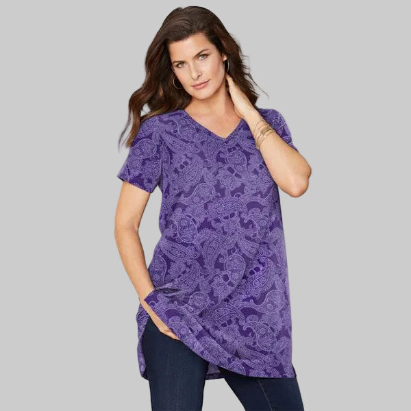 Violet Lavender Paisley Short-Sleeve V-Neck Ultimate Tunic PSW-7152