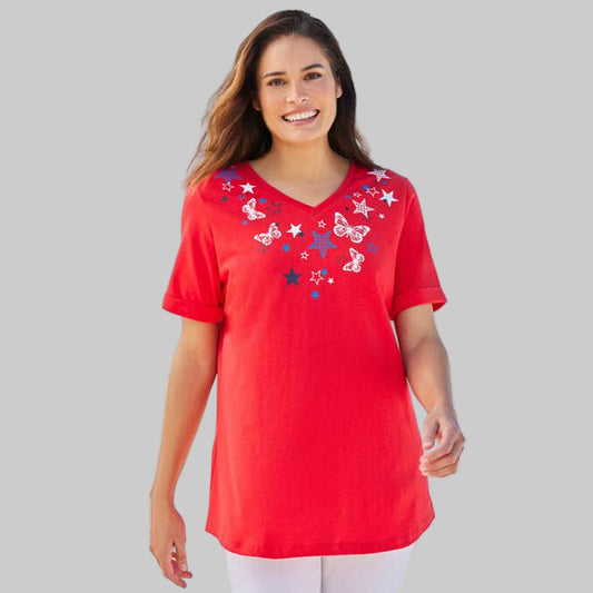 Vivid Red Butterfly Star Cuffed T-Shirt PSW-6466