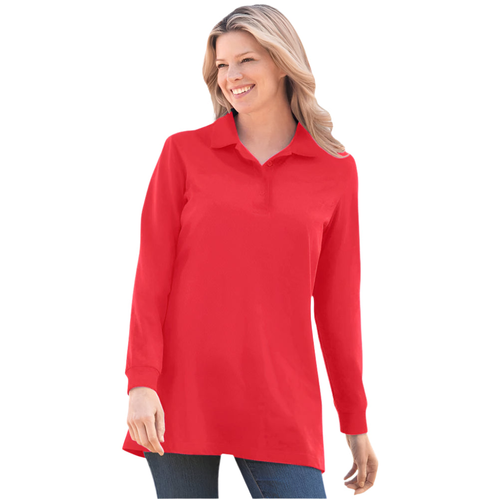 Vivid red long-sleeve polo shirt with a button placket and collar, made from soft knit fabric, shown on a plus-size mannequin.