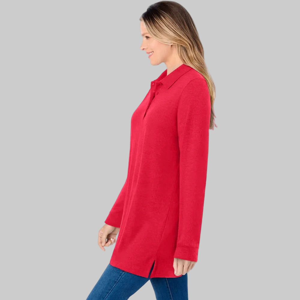 Vivid red long-sleeve polo shirt with a button placket and collar, made from soft knit fabric, shown on a plus-size mannequin.