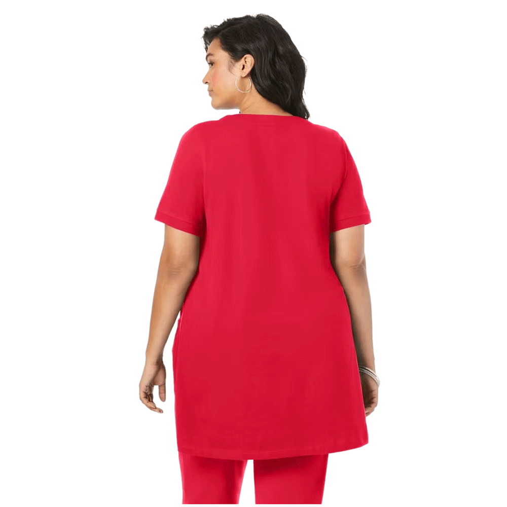 Vivid Red Plus Size Women Two Pocket Soft Knit Tunic with long sleeves, a scoop neckline, and a relaxed fit for everyday comfort.