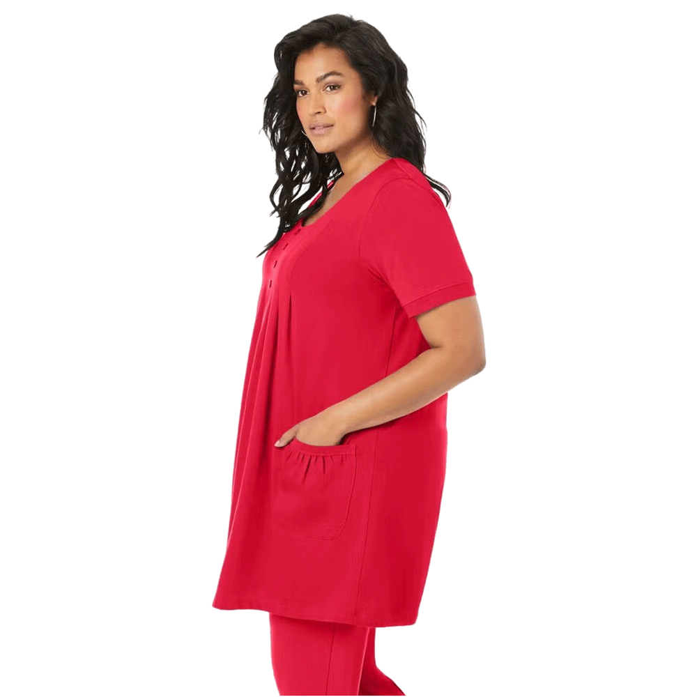 Vivid Red Plus Size Women Two Pocket Soft Knit Tunic with long sleeves, a scoop neckline, and a relaxed fit for everyday comfort.