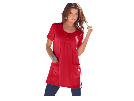 Vivid Red Plus Size Women Two Pocket Soft Knit Tunic with long sleeves, a scoop neckline, and a relaxed fit for everyday comfort.