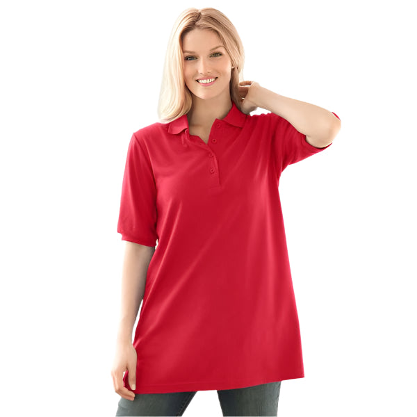 Vivid Red Short Sleeve Polo Tunic – Cotton Blend T-Shirt with Button Placket and Hem Slits