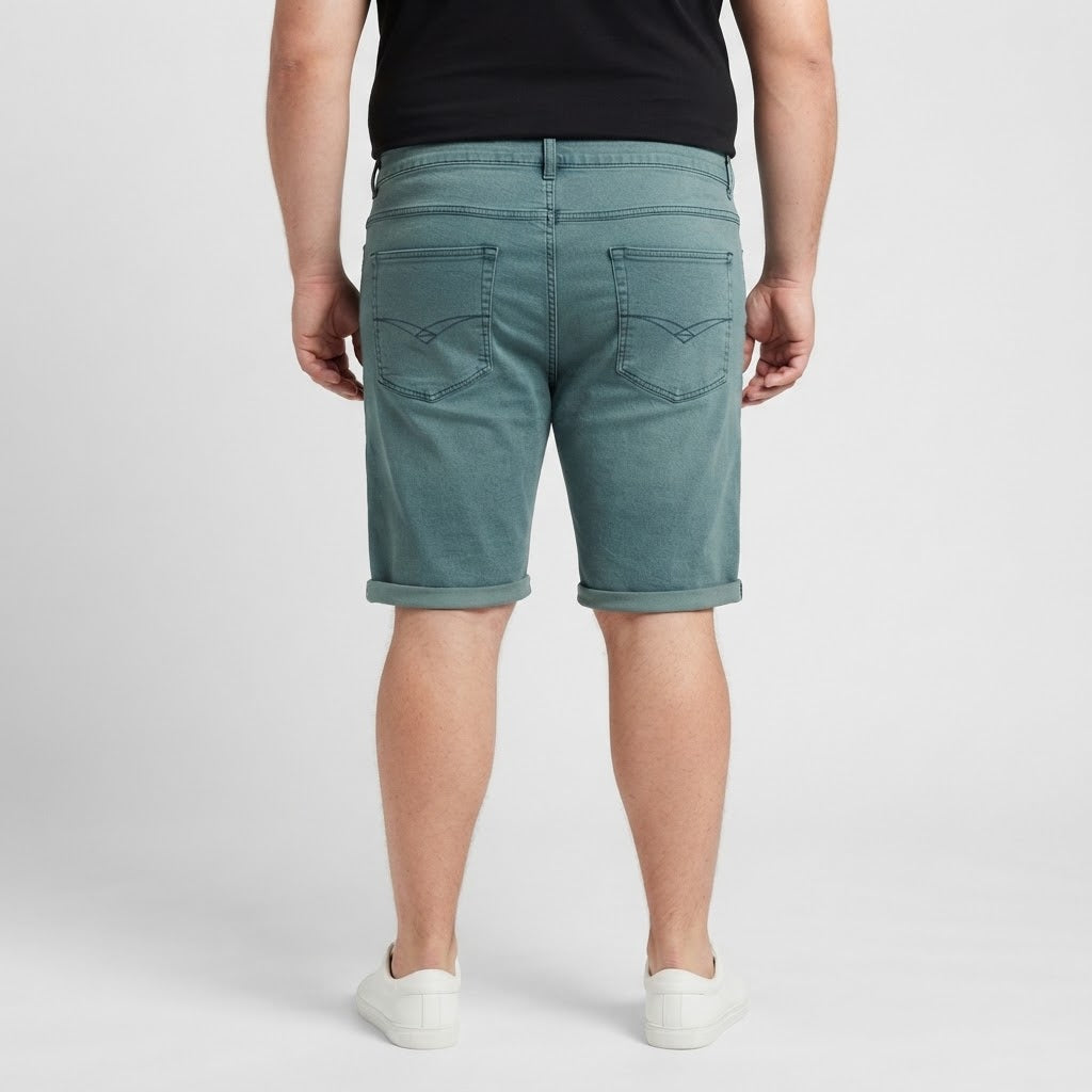 Washed turquoise denim shorts with classic five-pocket design and comfortable casual fit.