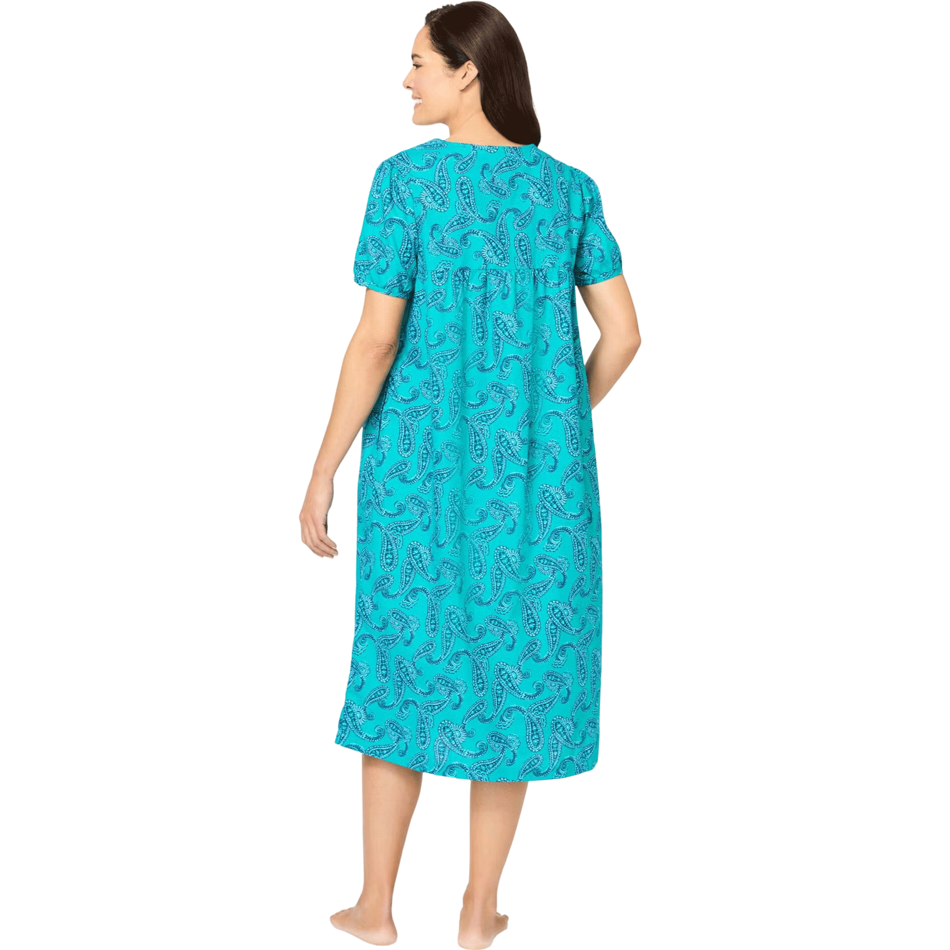 Short-sleeve lounger with a colorful waterfall paisley print, mid-length cut, shirred front and back yoke, and side seam pockets for comfort and style.