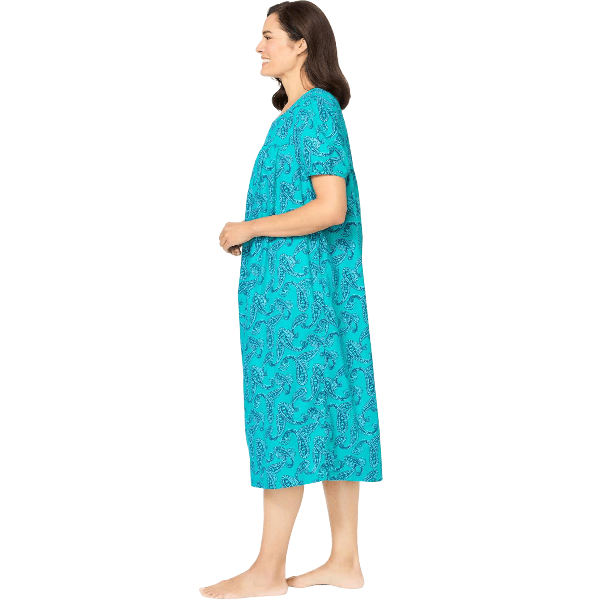 Short-sleeve lounger with a colorful waterfall paisley print, mid-length cut, shirred front and back yoke, and side seam pockets for comfort and style.