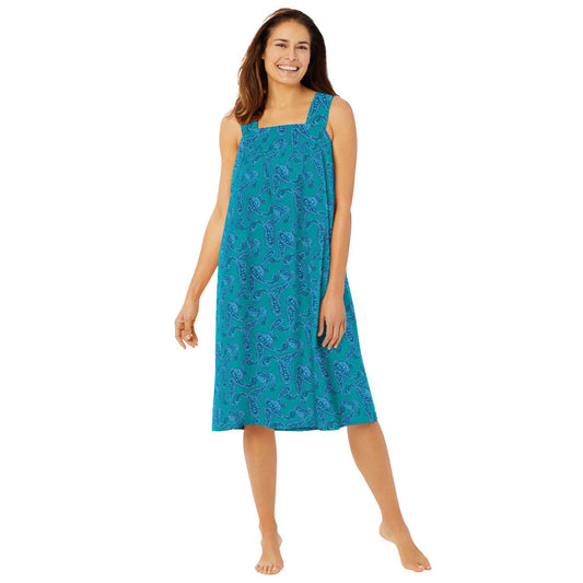 Women’s sleeveless square neck lounger in waterfall paisley print, featuring elastic back, shirred yoke, side pockets, and knee-length comfort fit.