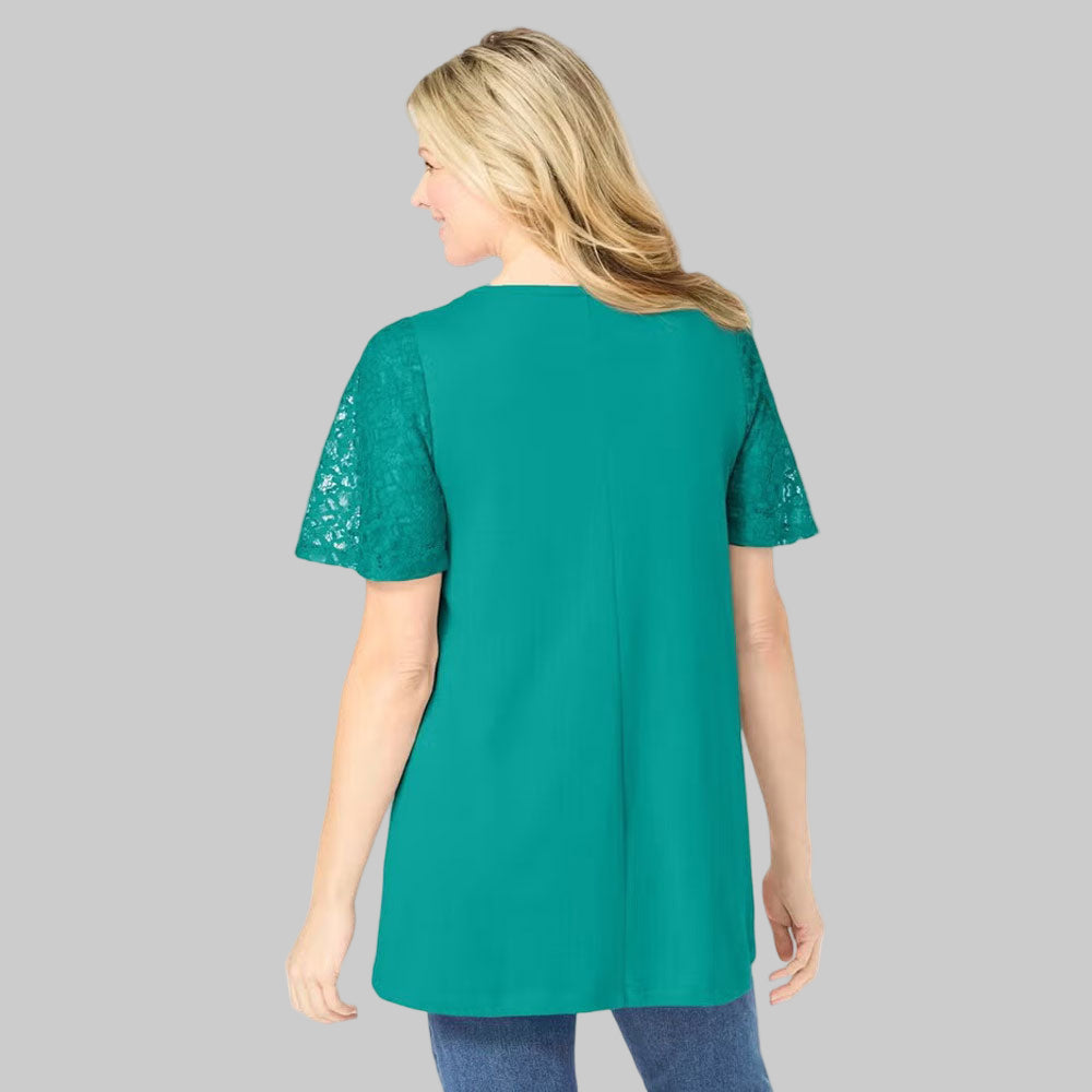 Plus-size tunic with lace flutter sleeves, a curved V-neckline, and a relaxed swingy fit. Made from a soft cotton/poly blend for comfort and style