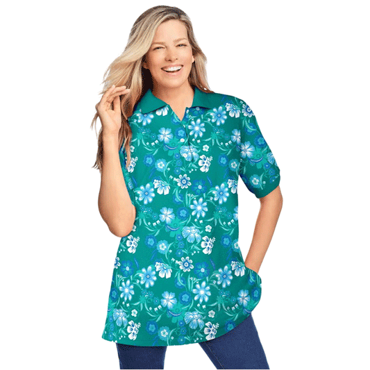 Waterfall floral print women’s polo tunic with elbow-length short sleeves and collared neckline,