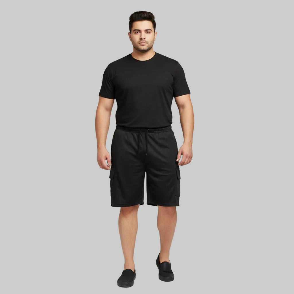 Jet black jersey utility cargo shorts with drawstring waistband and multiple side pockets for casual everyday wear