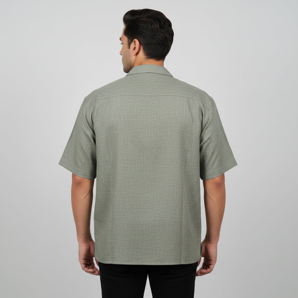 Olive Gray Textured Cuban Collar Chambray Half Sleeve Casual Shirt PSM-11286