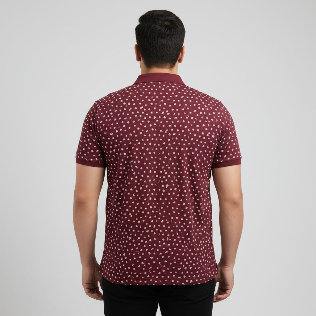 Maroon Micro Floral Print Plus Size Polo Shirt PSM-10865