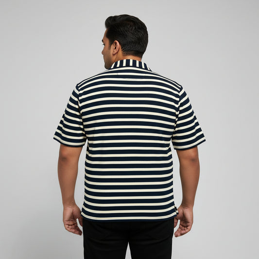 Navy & White Striped Johnny Collar T-Shirt PSM-11282