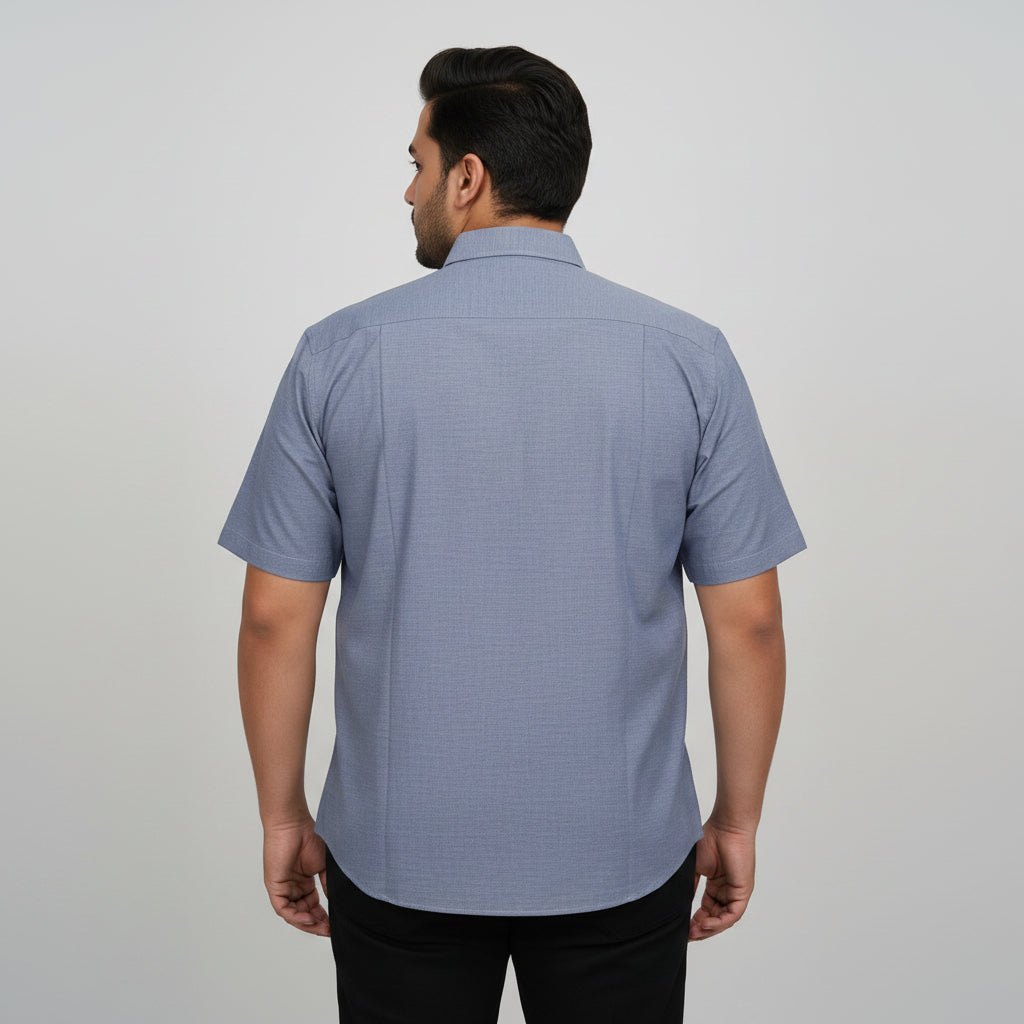 Blue Chambray Tencel Cuban Collar Half Sleeve Casual Shirt PSM-11284