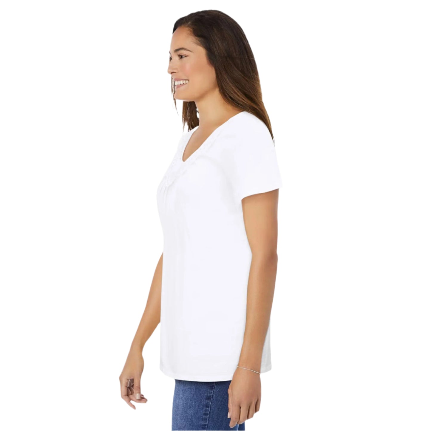 White cotton knit top with crochet-trimmed U-neck and pleated front design