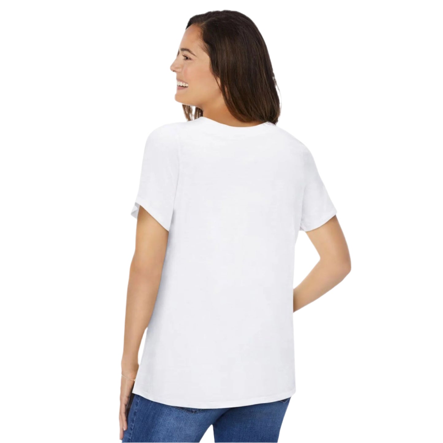 White cotton knit top with crochet-trimmed U-neck and pleated front design