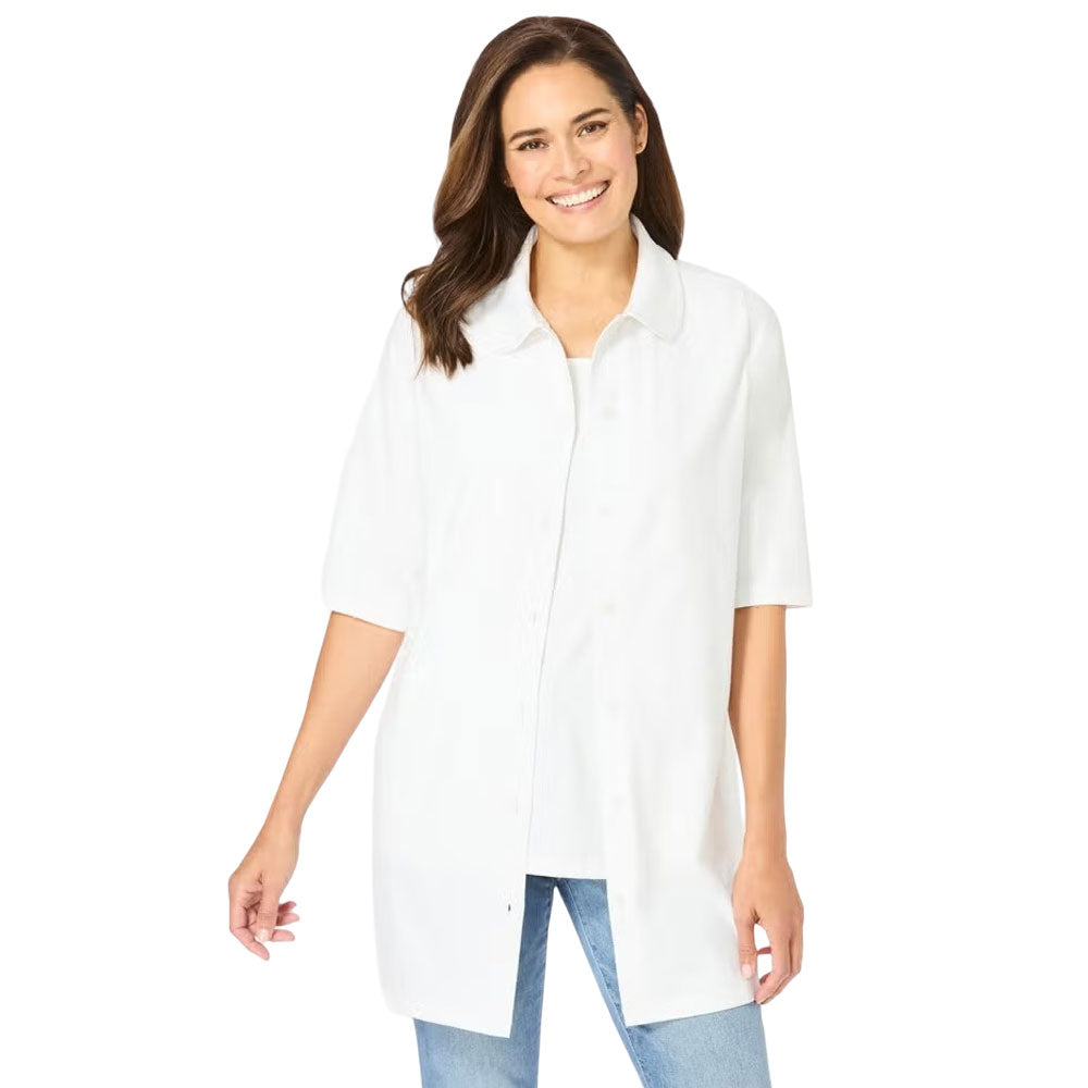 White Button-Front Knit Shirt with Elbow Sleeves and Free Sleeveless Tank – 2-Piece Set