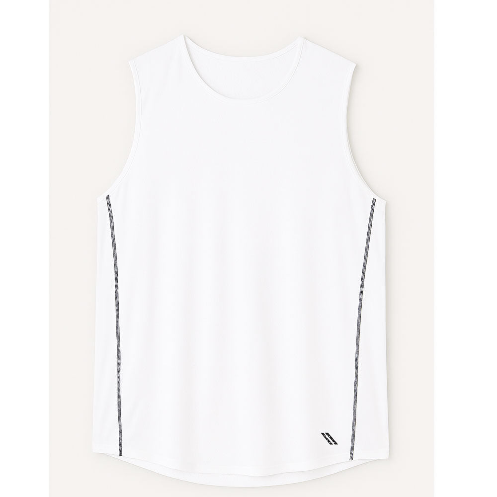 White breathable mesh muscle tee for men with crewneck, moisture-wicking, and anti-microbial fabric.