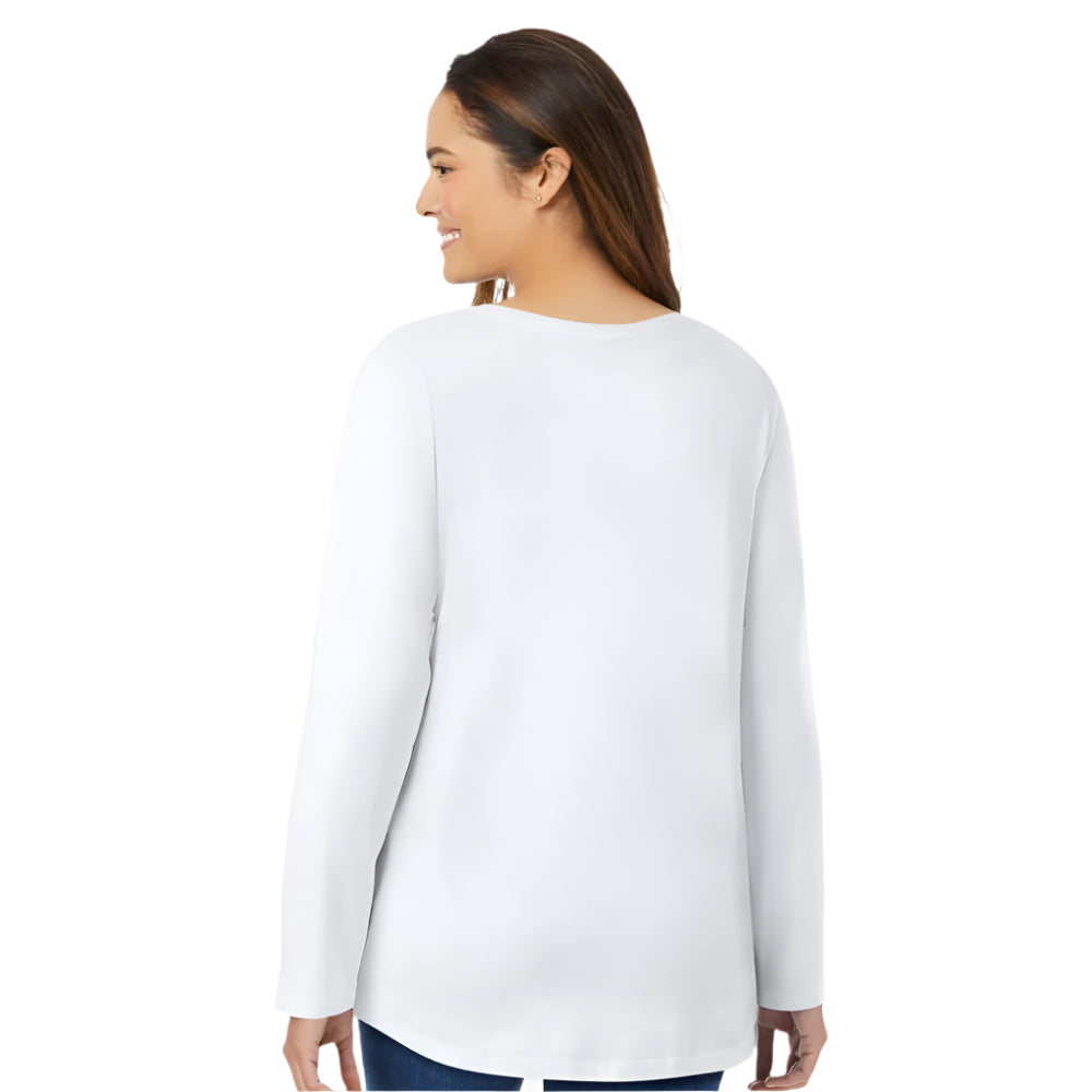 Plus size white long-sleeve V-neck cotton tee with relaxed fit – 28" length everyday essential top for women