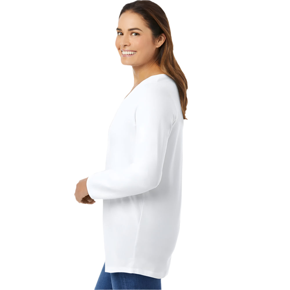 Plus size white long-sleeve V-neck cotton tee with relaxed fit – 28" length everyday essential top for women