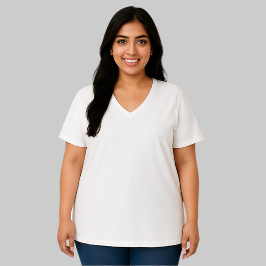 Plus-size woman wearing a white V-neck short-sleeve tee – PlusSize.pk