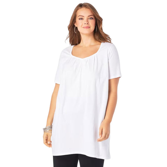 Plus-size tunic with a pleated sweetheart neckline, swing silhouette, and a 34” length. Made from breathable cotton knit for effortless style and comfort.