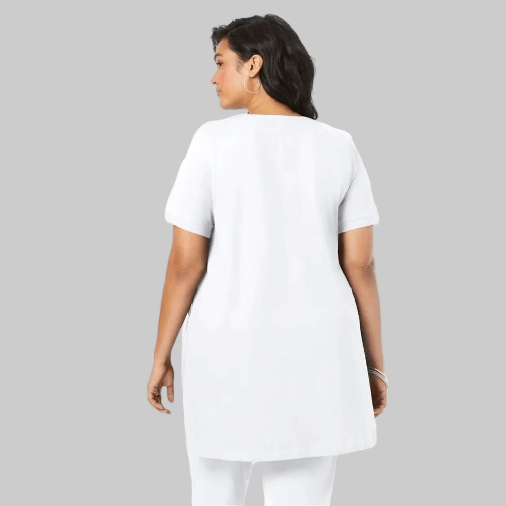 White Plus Size Women Two Pocket Soft Knit Tunic with a scoop neckline, short sleeves, and a relaxed fit for casual or layered styling.