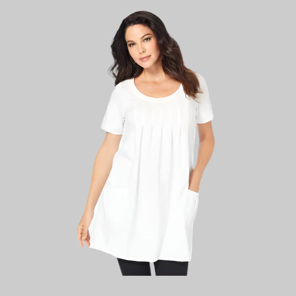 White Plus Size Women Two Pocket Soft Knit Tunic with a scoop neckline, short sleeves, and a relaxed fit for casual or layered styling.
