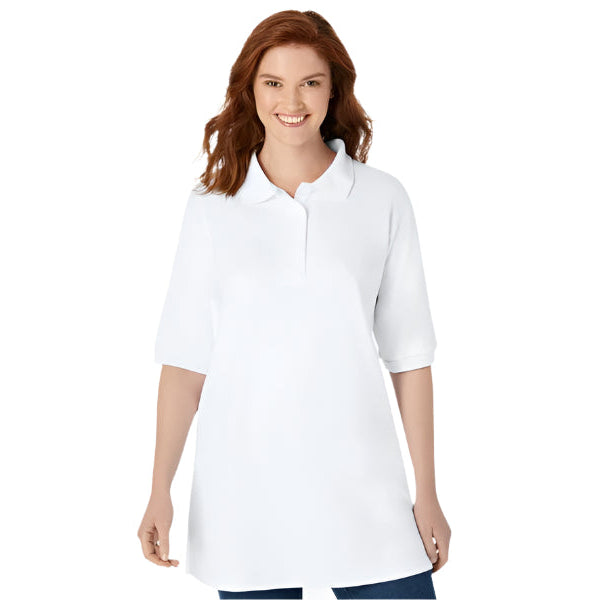 White women’s short sleeve polo t-shirt with collar and button placket