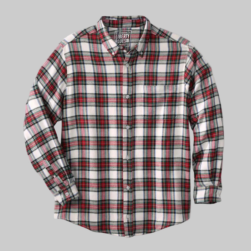 Flat-lay of White Tartan Flannel Shirt on neutral background