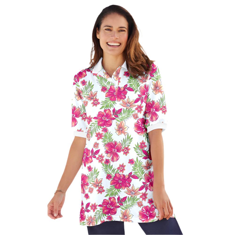 White Tropical Print Polo Tunic – Elbow Sleeve Cotton Blend Shirt for Women
