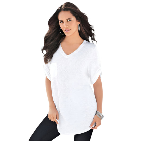 White V-neck boyfriend slub tunic for women with relaxed fit and lightweight fabric