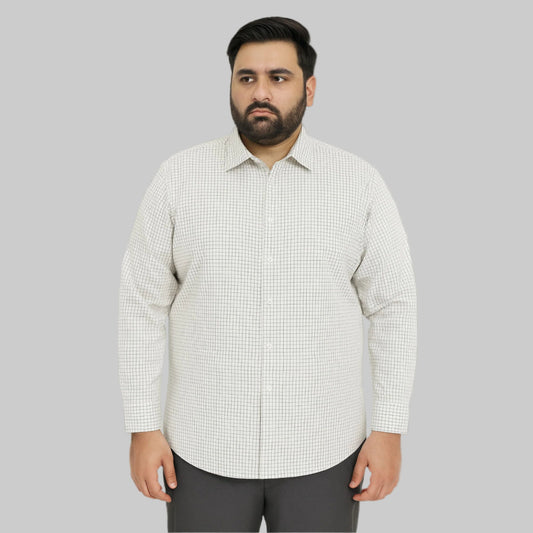 Plus-size Pakistani man wearing white shirt with small black grid check pattern