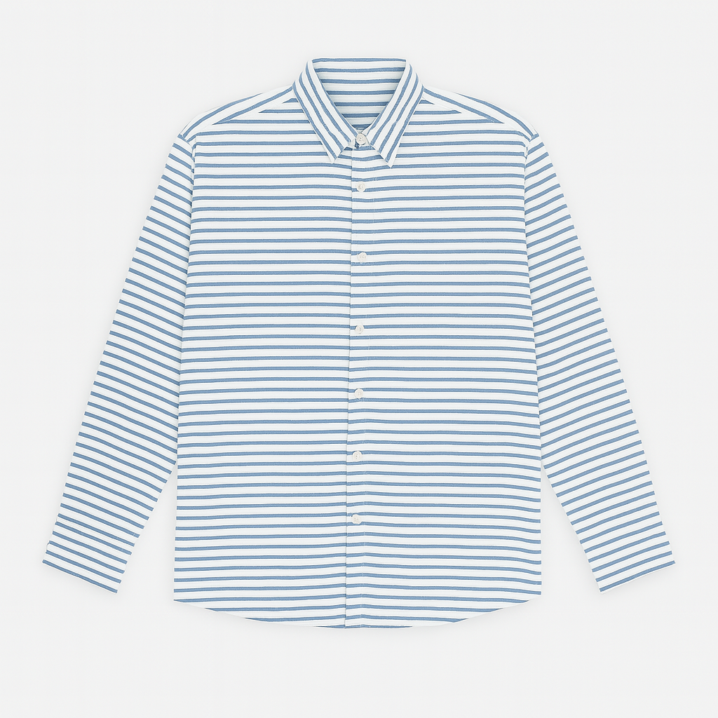 White and blue horizontal stripe casual shirt for plus size men, button-down front and long sleeves – flat lay on white background