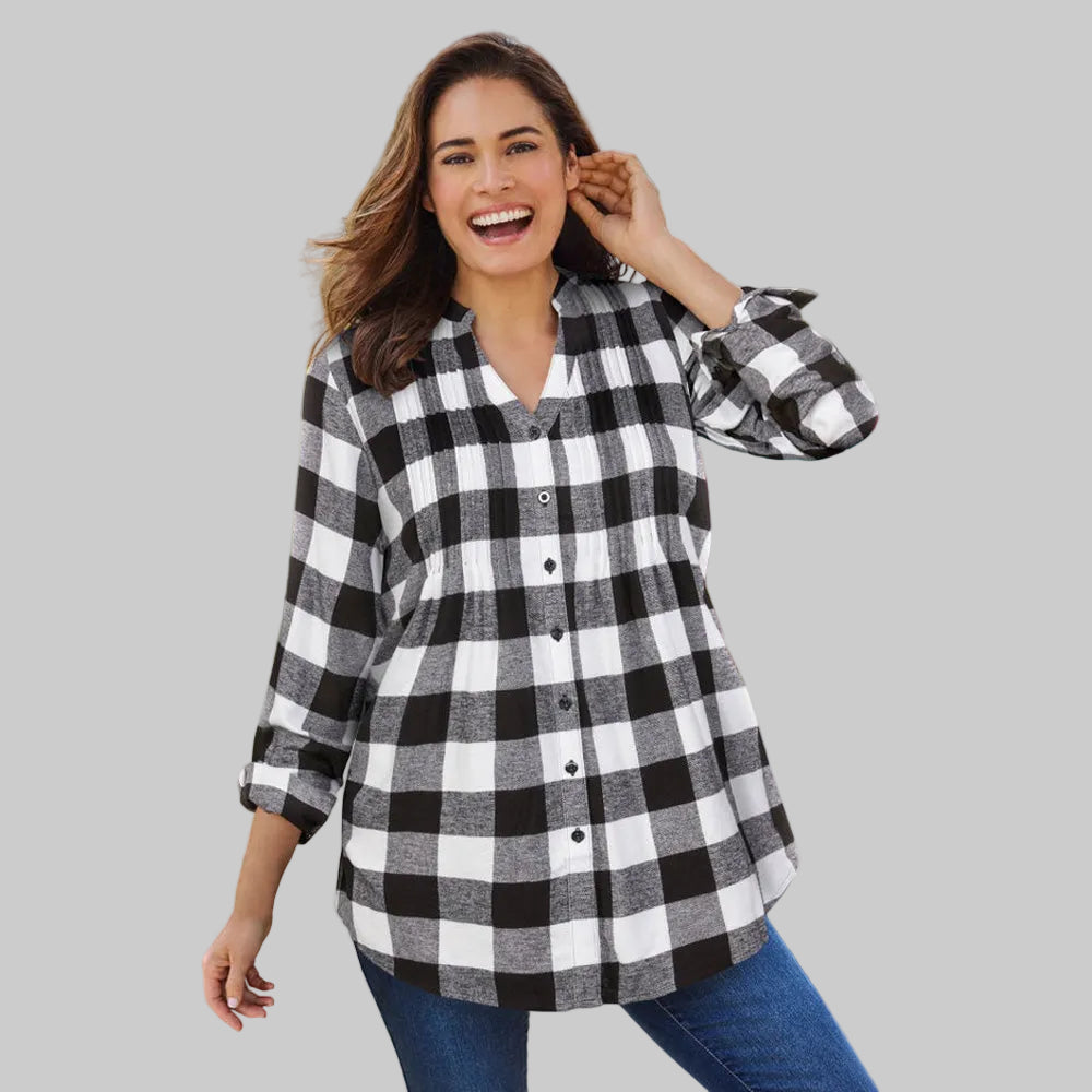Women's white buffalo plaid pintucked flannel tunic shirt with button front.