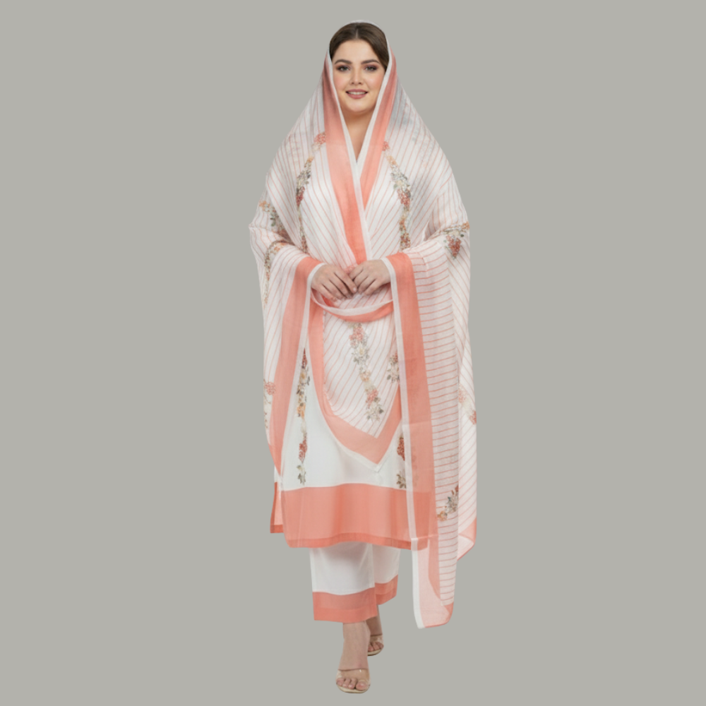 Peach Border Floral 3-Piece Cotton Silk Suit PSW-10092
