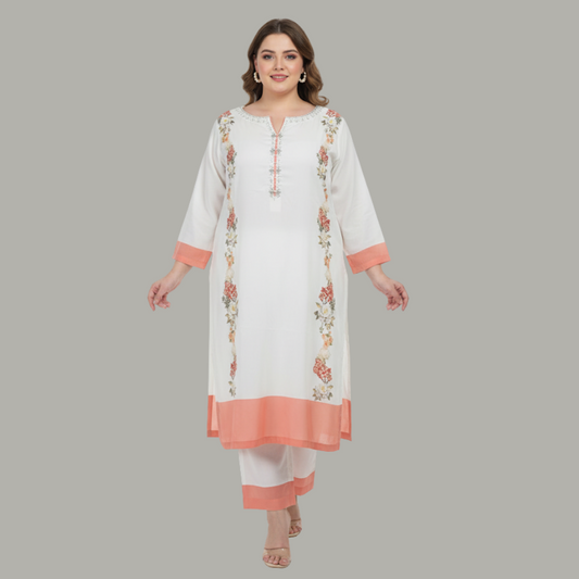 Peach Border Floral 3-Piece Cotton Silk Suit PSW-10092