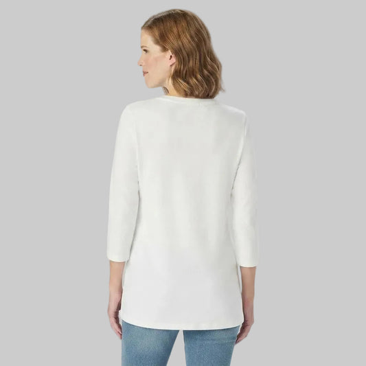 White Perfect Three-Quarter Sleeve Crewneck T-Shirt made from soft cotton blend fabric, front view on a white background.