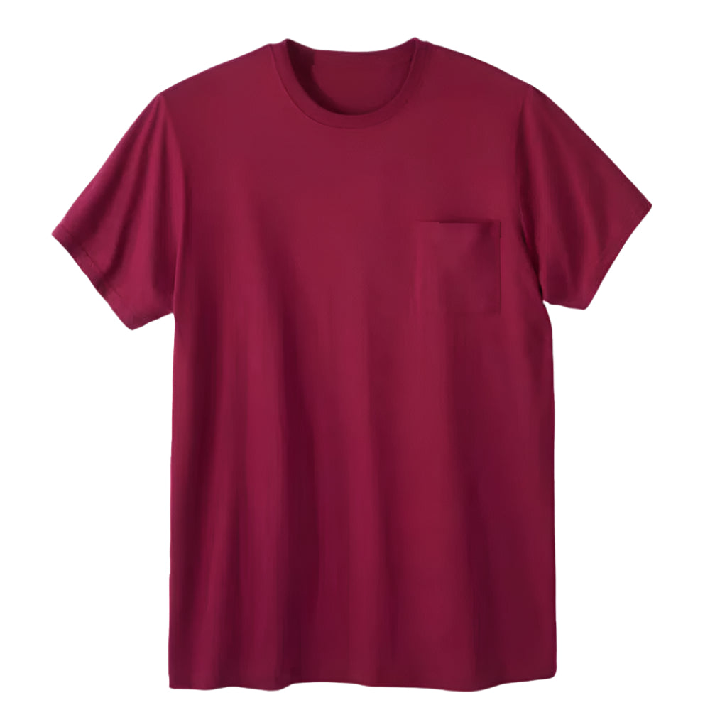 Wine color Shrink-Less pocket crewneck t-shirt for big and tall men – extra-long length, lightweight cotton.