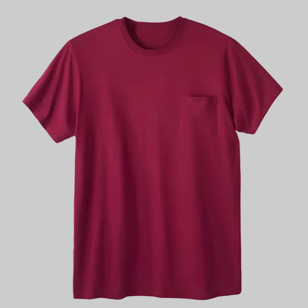 Wine color Shrink-Less pocket crewneck t-shirt for big and tall men – extra-long length, lightweight cotton.