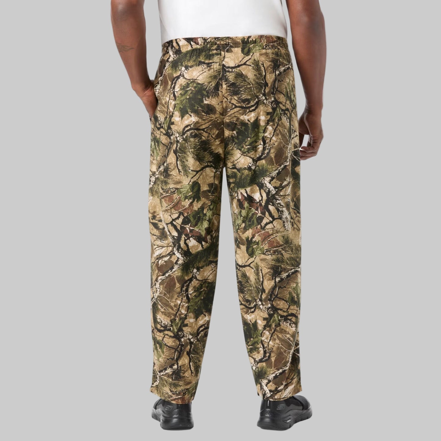 Men’s Wood Camo flannel pajama pants with elastic waistband, drawstring, button fly, side pockets, and camo print.
