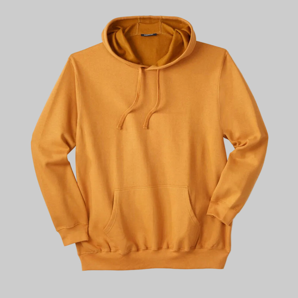 Wood color fleece pullover hoodie with front pouch pocket, ribbed cuffs, drawstring hood, and relaxed big and tall fit on a plain background.