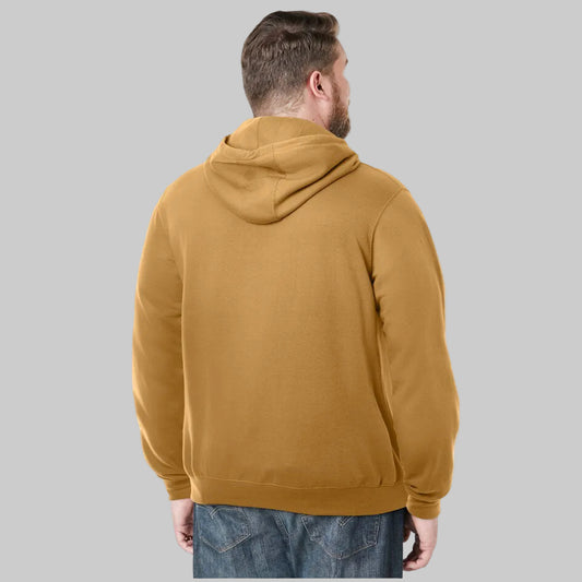 Wood color fleece pullover hoodie with front pouch pocket, ribbed cuffs, drawstring hood, and relaxed big and tall fit on a plain background.