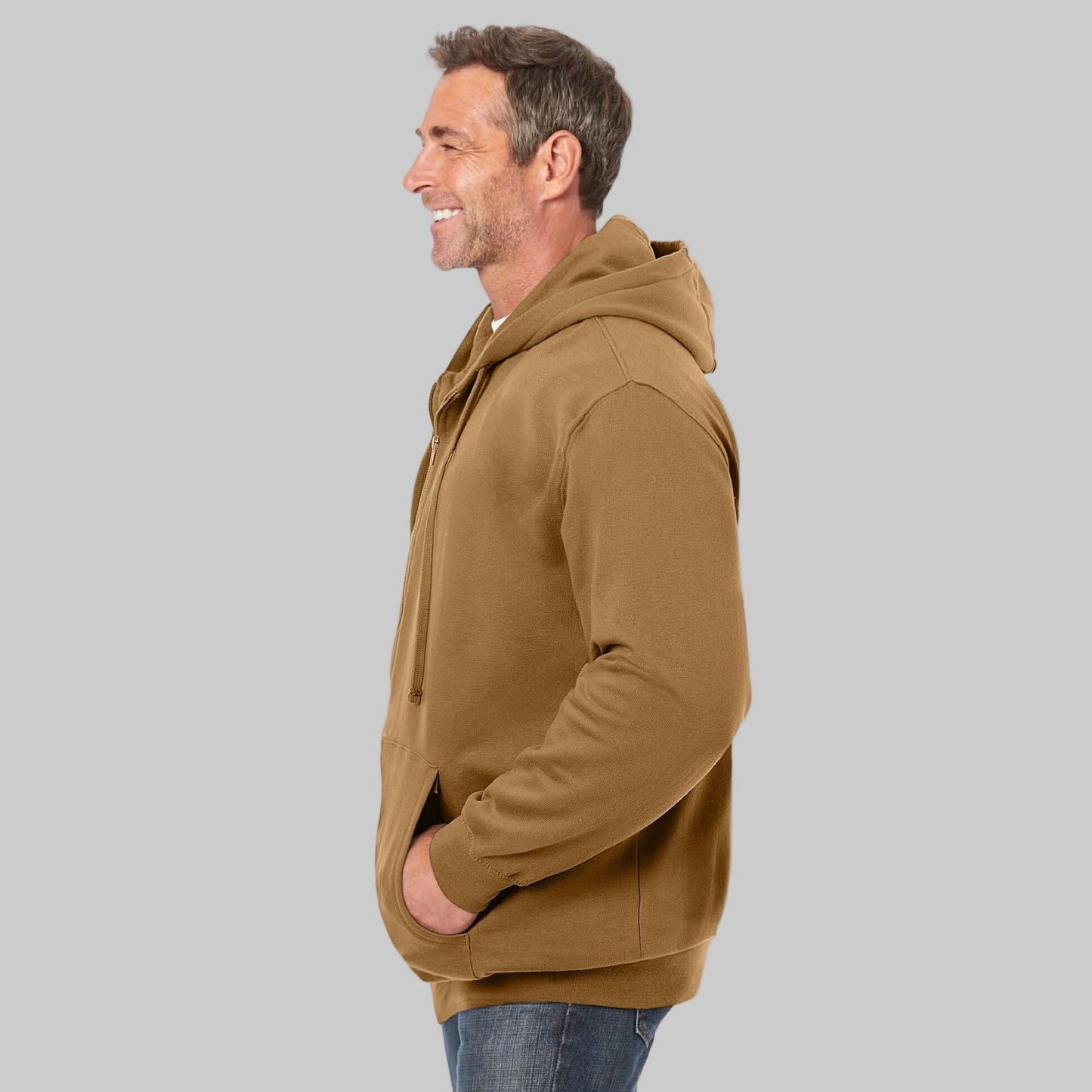 Wood brown fleece zip-front hoodie with drawstring hood, rib-knit cuffs, and front pockets — soft cotton-poly casual wear for cool weather.