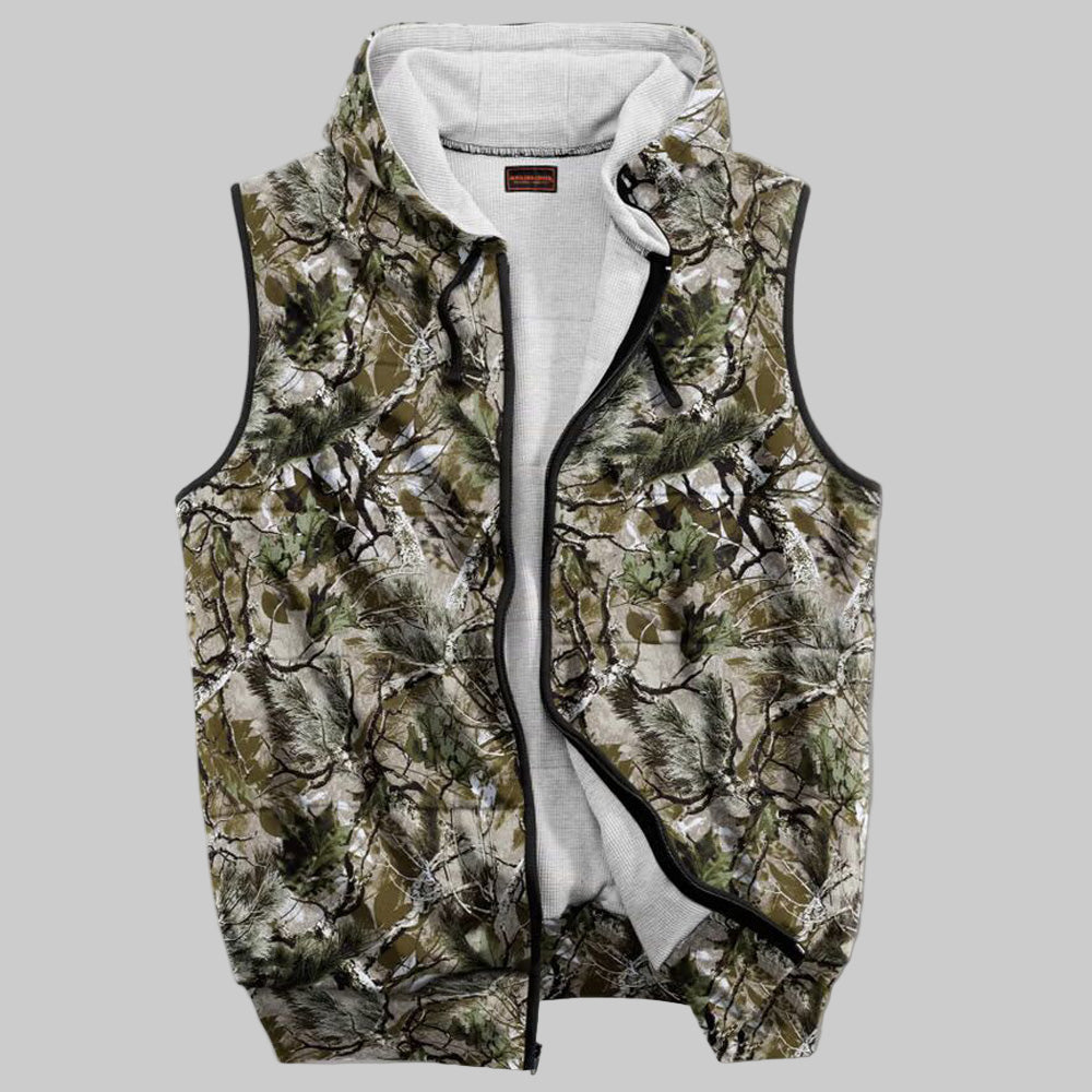 Woods camo thermal-lined fleece hoodie with drawstring hood, full zip front, rib-knit waist, and soft fleece texture for cold-weather comfort.