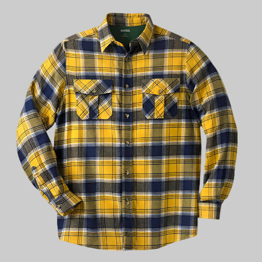Yellow plaid holiday flannel shirt with chest pockets in Big & Tall relaxed fit