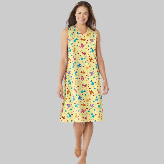 Yellow Play short sleeveless cotton sleepshirt with playful prints, side slits, and relaxed fit for women’s nightwear.