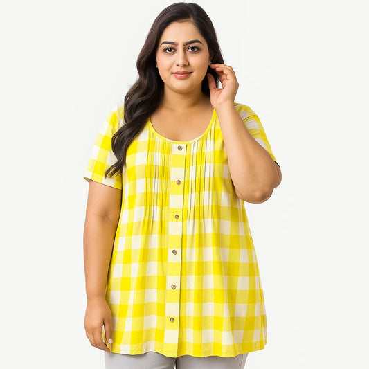 Yellow Buffalo Plaid knit Pintucks Tunic PSW-5536