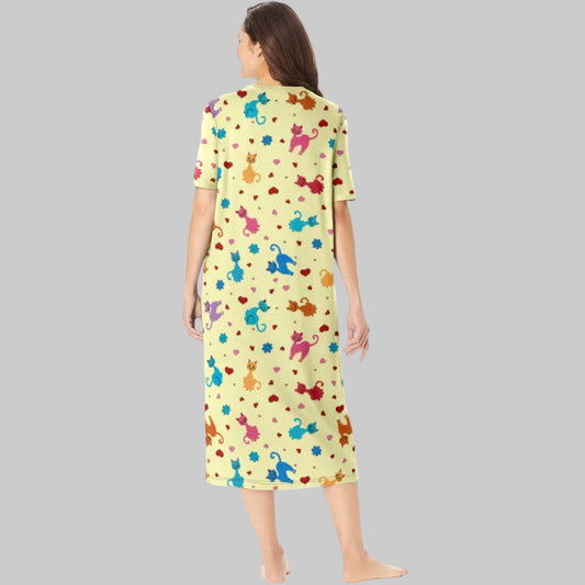 Women's Yellow Play Long Printed B Grade Sleepshirt made from soft cotton-blend fabric with a playful all-over print, relaxed fit, and long-length design, front view.